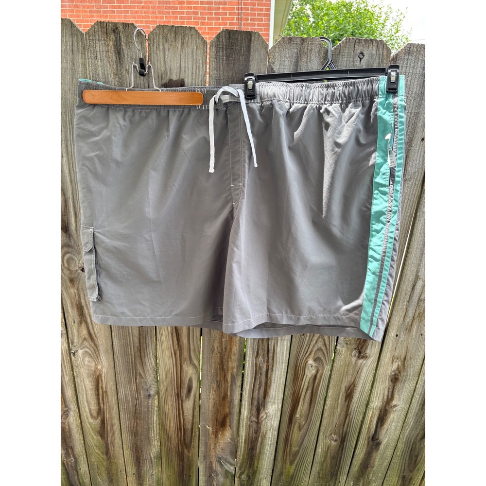 NWT‎ Mens 6XL Swim Trunks Gray Teal Stripe Cargo Board Shorts Coastal